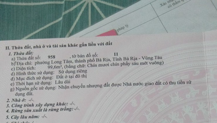 Cần tiền bán gấp lô đất đẹp góc 2 Mặt Tiền tại Phường Long Tâm , TP Bà Rịa Vũng Tàu