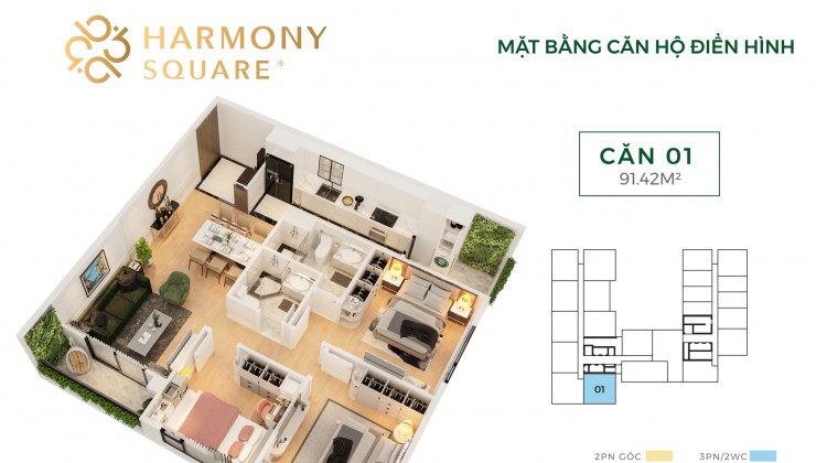 Chuyển nhượng căn hộ 3N nội thất liền tường cao cấp tại Harmony Square