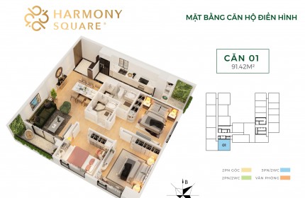 Chuyển nhượng căn hộ 3N nội thất liền tường cao cấp tại Harmony Square