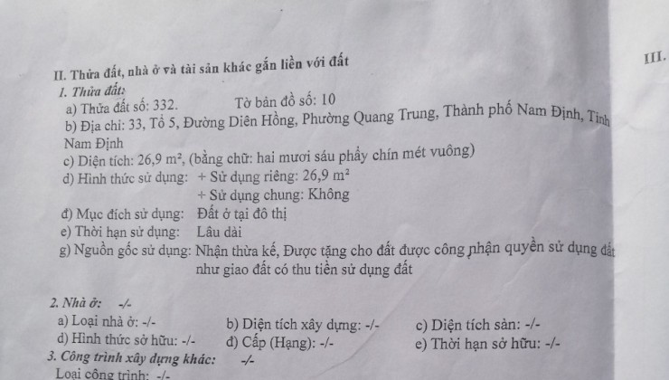 Chính chủ cần bán nhà mặt tiền chợ Diên Hồng, P.Quang Trung, TP.Nam Định