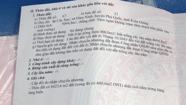 CHÍNH CHỦ CẦN BÁN 10.000M2 ĐÁT MẶT BIÊN CÂY SAO HÀM NINH - PHÚ QUỐC