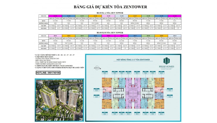 Bán căn hộ tầng 2-4-12-17-23-27 Zen Tower Feliz Homes Hoàng Mai