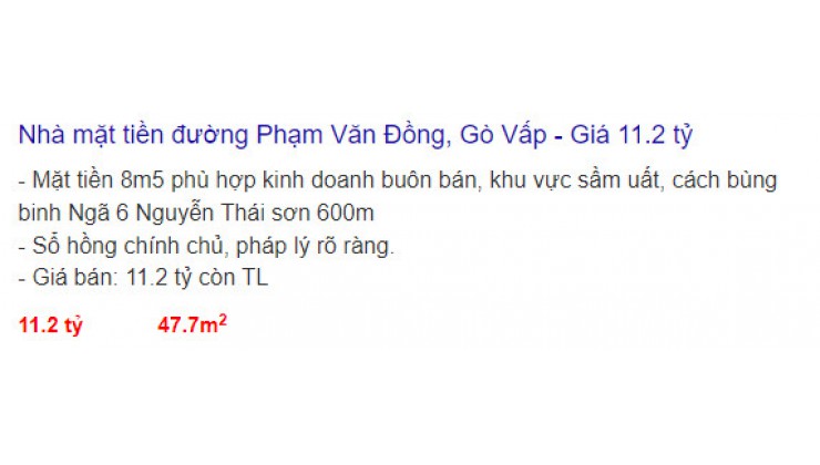 Mặt tiền Phạm Văn Đồng, p3,  Gò vấp; DT 48m2 [8.5x7m], 11.2 tỷ TL