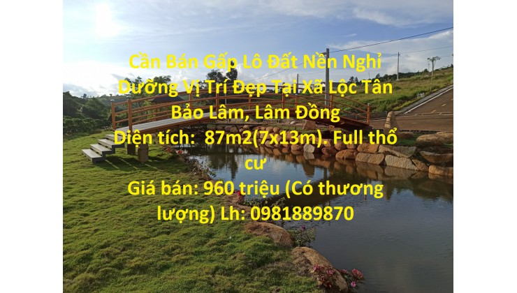 Cần Bán Gấp Lô Đất Nền Nghỉ Dưỡng Vị Trí Đẹp Tại Xã Lộc Tân Bảo Lâm, Lâm Đồng