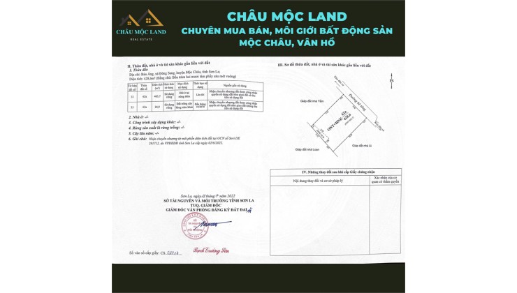 BÁN ĐẤT BẢN ÁNG, MỘC CHÂU NGAY CẠNH RỪNG THÔNG, 180TR/ 1M MẶT, MẶT TIỀN 17.5M, NGÕ RỘNG