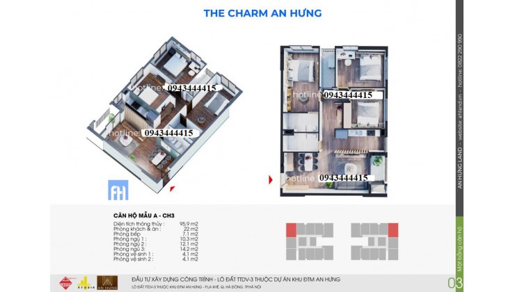 THE CHARM AN HƯNG - mặt đường TỐ HỮU HÀ ĐÔNG - 96m2 3pn 2vs - căn góc - hướng sáng- view nội khu