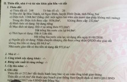 Chính chủ bán gấp lô đất mặt tiền đường nhựa 12m tại Định Quán, Đồng Nai