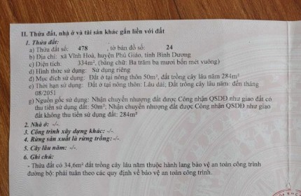 Chính chủ cần bán lô đất 334m2 tại xã Vĩnh Hòa, huyện Phú Giáo, tỉnh Bình Dương