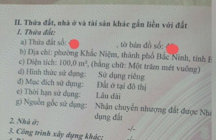 Chính chủ gửi bán lô thổ cư Khắc Niệm, TP Bắc Ninh, DT 100m2 sổ nét