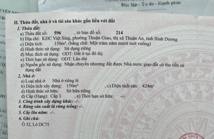 Chính chủ cần bán khách sạn 150m2 ( diện tích sử dụng 450m2)tại KĐc Việt sing,Thuận Giao , Thuận An Bình Dương,9 tỷ