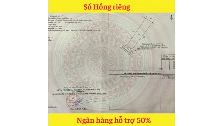 Bán nhanh 1002m quy hoạch thổ cư, đường mở rộng 20m. Sát kcn Định Quán.