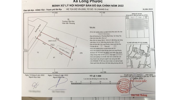 Bán Lô đất Tổng DT 376.4m2 giá 3tỷ950 đường Tỉnh Lộ 52 ngay khu Trung Tâm Xã Long Phước, TP.Bà Rịa