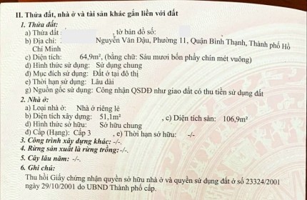 Cần tiền, bán gấp nhà Nguyễn Văn Đậu, P.11, Bình Thạnh