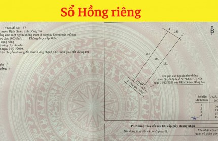 Bán nhanh 1002m quy hoạch thổ cư, đường mở rộng 20m. Sát kcn Định Quán.