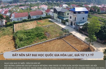 Bán 85,6m2 đất thổ cư trục chính đường BÃI DÀI, sát ngã tư MIỄU. Đối diện cổng ĐGQG Hòa Lạc và bên cạnh KĐT Xanh Villas. Giá tận gốc