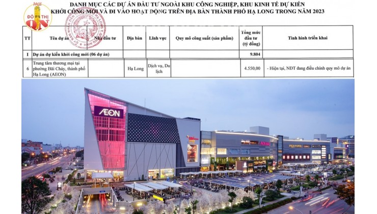 GIÁ TỐT NHẤT HẠ LONG, QUẢNG NINH CHỈ TỪ 1,3 TỶ/CĂN, KẾ CẠNH TTTM AOEN MALL