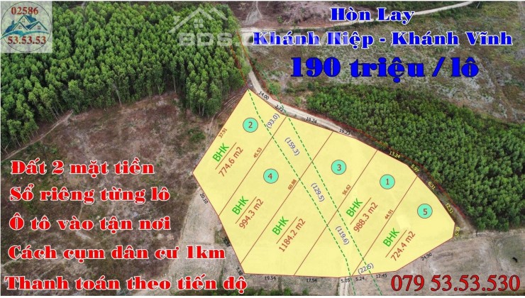 190tr/lô diện tích 1.184m2, sổ con từng lô. Bao thuế phí