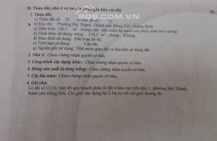 Bán đất Phan Huy Chú Đồng Hới, gần Uỷ ban phường Hải Thành, dt 6,5x21 LH 0888964264