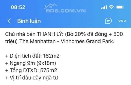 Bán lỗ đậm - Nhà phố Manhattan Vinhomes Q9 - DT: 162m2 1 trệt 4 lầu - Bán lỗ 6 tỷ