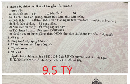 đất Lộc Quảng - Bảo Lâm - Lâm Đồng 5 tỷ 5 (4884m2)