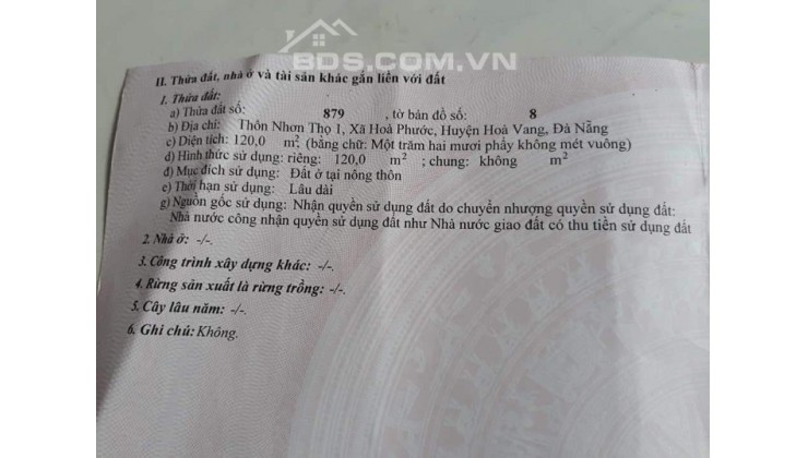 Chủ cần bán gấp lô đất xã Hòa Phước, Đà Nẵng gần cụm trường học mẫu giáo, cấp 1, cấp 2