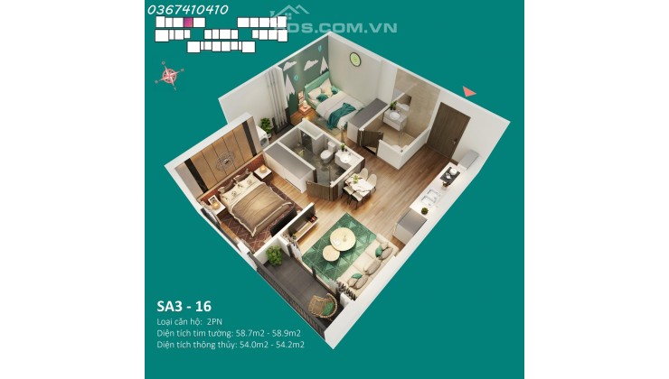 Chỉ 2,4 tỷ sở hữu ngay căn 2N, 2VS, 54m2 - The Sakura Vinhomes Smart City