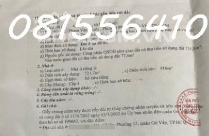 Bán nhà mặt tiền phạm văn chiêu, Gò vấp diện tích 20x40 công nhận 828m2 thổ cư. Giá ngộp 67 triệu/m2 rẻ hơn 70% giá ngân hàng thẩm định