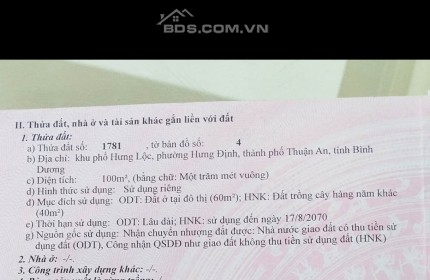 Chính chủ Cần bán lô đất hưng định thuận an bình dương DT 100m thổ cư 60m