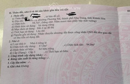 Bán nhà hẻm Dt 58m2 đường Bến Cá, phường Phương Sài, TP. Nha Trang