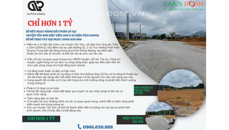 Đất Phân Lô Huyện Yên Sơn: Đối Diện Công Viên 200m2 MT 10m chỉ hơn 1 tỷ, Sở Hữu Ngay