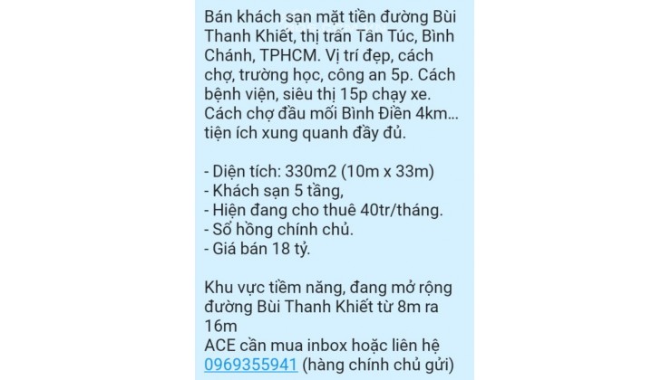 Bán khách sạn 5 tầng MT Bùi Thanh Khiết, thị trấn Tân Túc, 330m2 SHCC 18 tỷ. Lh:0969355941