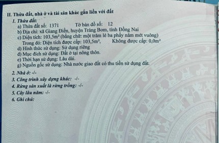 Full thổ cư, bên hông thác Giang Điền, thanh lý ngân hàng