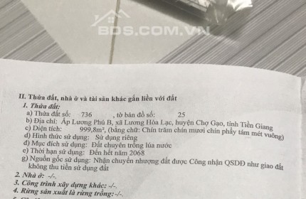 Bán 999,8m2 đất Xã Lương Hòa Lạc Chợ Gạo Tiền Giang, SHR, 4 tỷ. Lh:0964909090