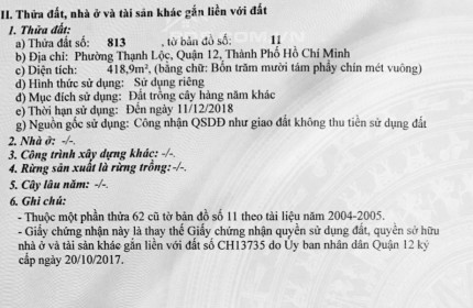 BÁN ĐẤT HXH ĐƯỜNG THẠNH LỘC 40, QUẬN 12. GIÁ 17 TỶ 418,9M2. LH:0395644533.