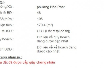 Cần bán lô đất mặt tiền 14m, diện tích 170,4 m2 đường Tôn Đản nối dài