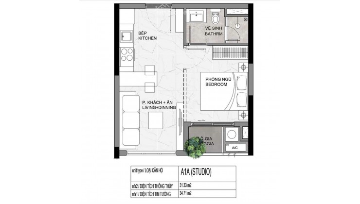 Căn hộ Studio (sở hữu lâu dài)  - Diện tích 34.71m2 View hồ bơi