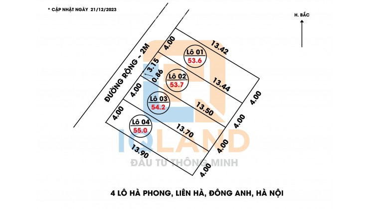 Chính chủ nhờ bán 55m² Hà Phong, Liên Hà, Đông Anh, Hà Nội.
 giá 9xx tr 
- Mặt tiền = hậu 4m, khổ đất vuông dài 13,9m.
- Đường vào đất rộng 2,5m.