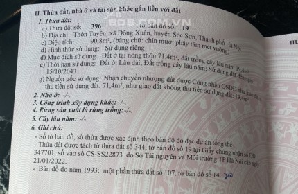 cắt lỗ sâu 90,8m thôn Tuyền,Đông Xuân,Sóc Sơn,Hà Nội.ô tô 7 chỗ vào tận đất.
-Diện tích:90,8m2 mặt tiền= hậu 4,50m 
-71,4m thổ cư, 19,4 m đất