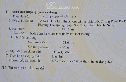 Bán lô đât mặt tiên đường 7.5 Phan Bá Phiến, quận sơn trà giá 7.2 tỷ