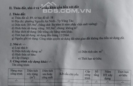 BÁN 305,9M ĐẤT MẶT TIỀN ĐƯỜNG 3/2 PHƯỜNG NGUYỄN AN NINH - TP. VŨNG TÀU. LH:0938677702.