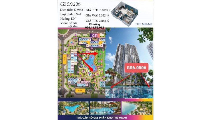 Bán Căn 1PN+1 The Miami GS6 Tầng 05 Căn 06 - Siêu VIP - View Nội Khu - Hướng Đông Nam.