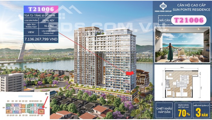 Bán căn 3 phòng ngủ tầng cao view cầu Rồng tại Sun Ponte Residence