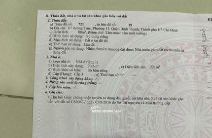 Bán nhà MT số 67 Đặng Thùy Trâm P13 Bình Thạnh 88m2 x 3 tấm SHR 21.5 tỷ. Lh:0989679533.