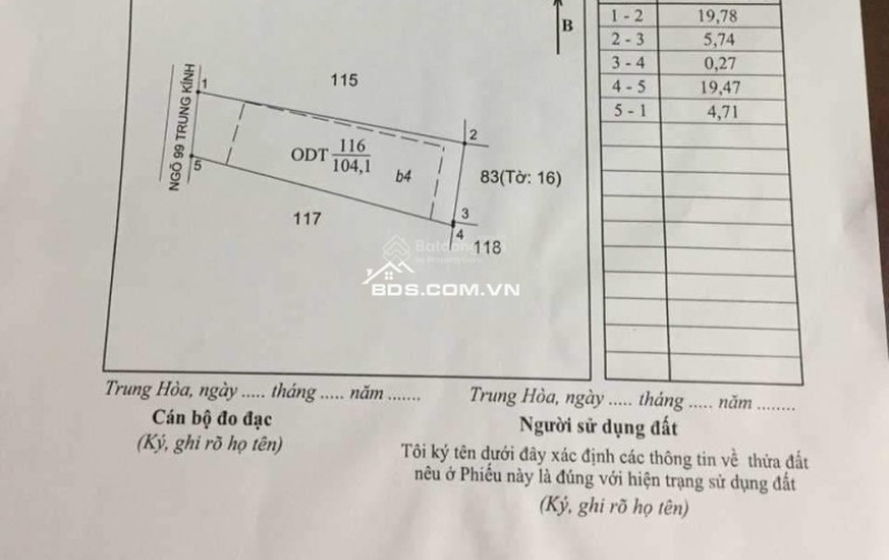 Bán đất Trung Kính, tt Cầu Giấy 104m2  x MT4.8m. Giá 16 tỷ có TL. Xe tải 2 tạ qua nhà. Cách mp 15m