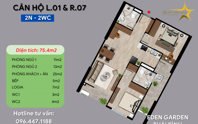 Chung cư Eden Garden, Căn 75.4m2 2N 2VS Đông Nam VIEW Lê Lợi, nội thất liền tường giá chỉ 2.3xx tỷ