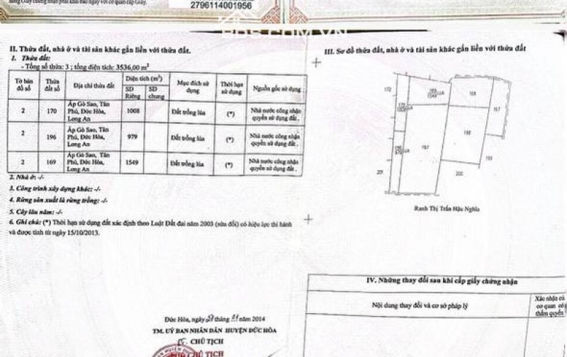 Cần bán 8500m2 đất lúa gồm 4 thửa vị trí ấp Gò Sao, xã Tân Phú, huyện Đức Hoà, tỉnh Long An