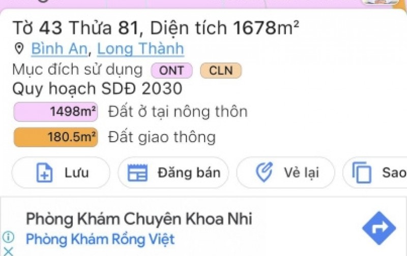 Bán đất Mặt Tiền đường Cầu Mên xã Bình An Long Thành Diện Tích 1678m2