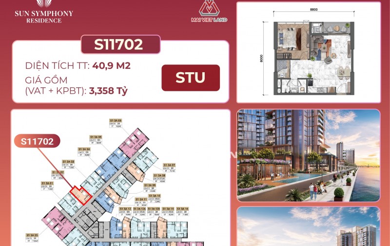 Sở hữu ngay căn hộ Studio 40.9m2 tầng 17 dự án Sun Symphony Residence.