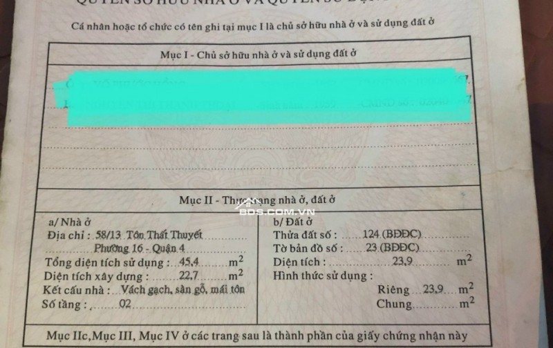 Bán nhà chính chủ hẻm xe hơi tôn thất thuyết P16 quận 4 Giá chỉ 2 tỷ 690tr