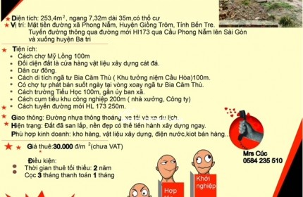 Đất sổ đỏ 253m2 đường Mỹ Thạnh - Phong Nẫm